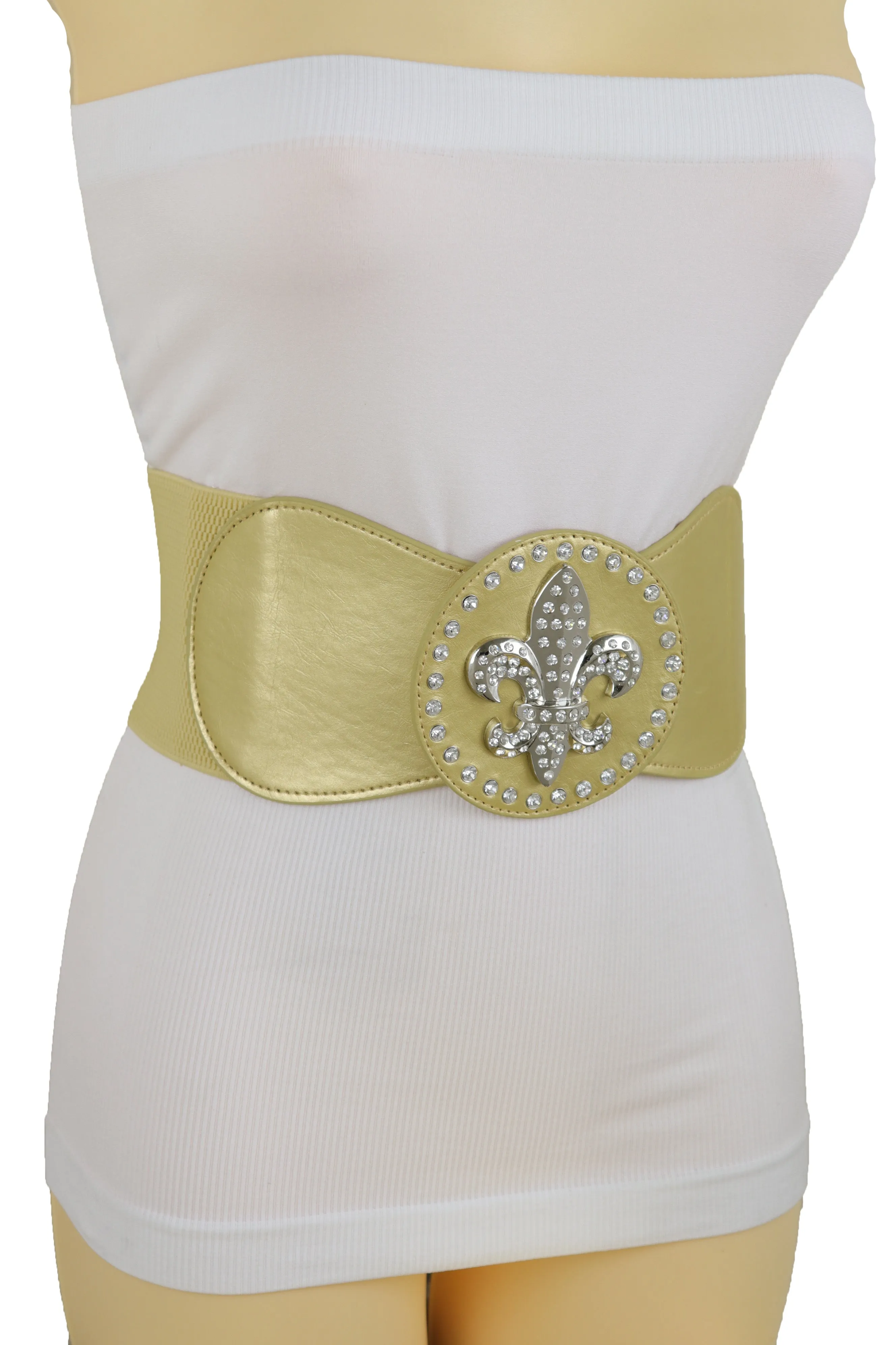 Gold Elastic Corset Fashion Belt Hip Waist Fleur De Lis Lily Flower S M