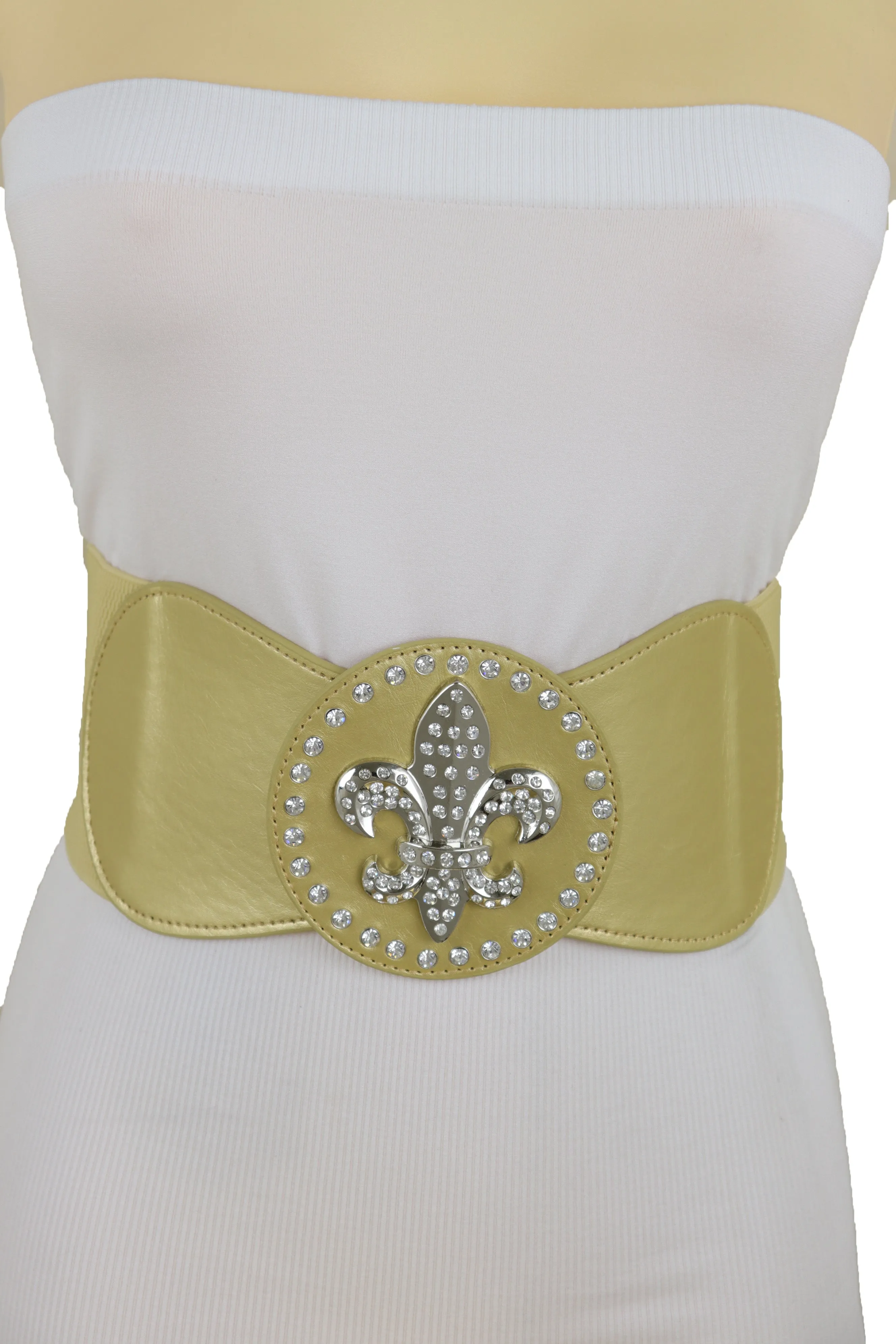 Gold Elastic Corset Fashion Belt Hip Waist Fleur De Lis Lily Flower S M