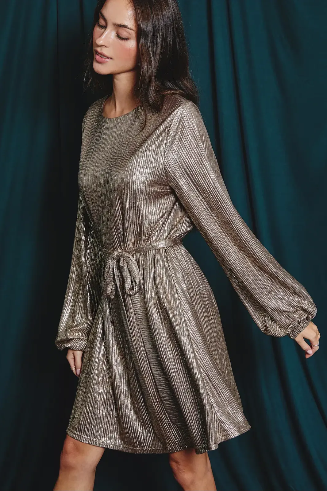 Gold Pleated Tie Waist Mini Dress