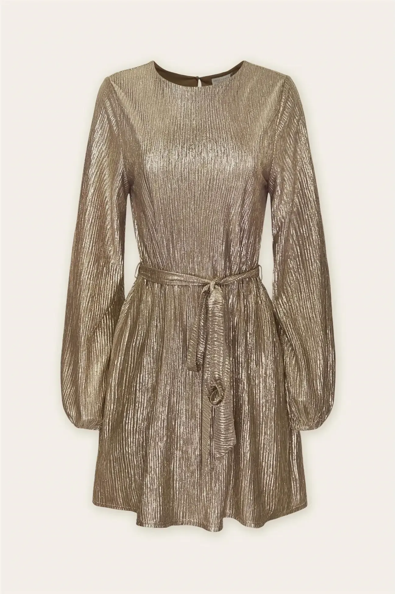 Gold Pleated Tie Waist Mini Dress