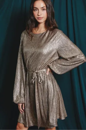 Gold Pleated Tie Waist Mini Dress