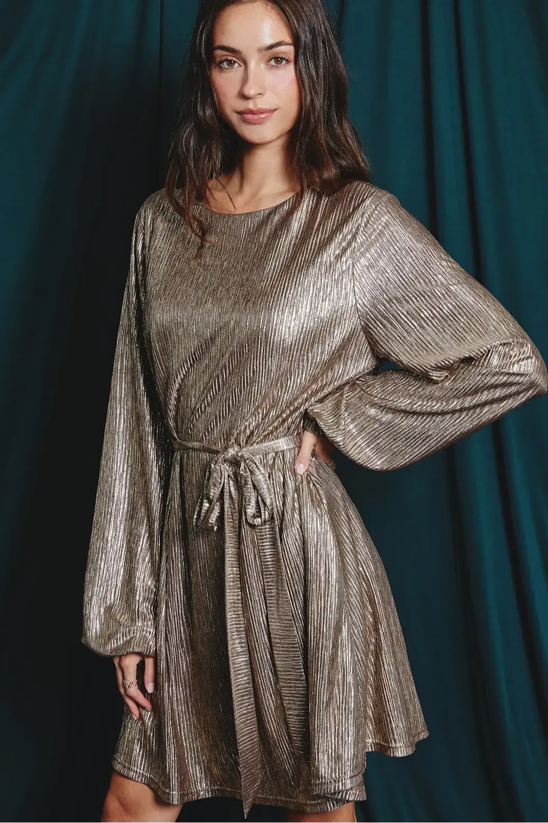 Gold Pleated Tie Waist Mini Dress
