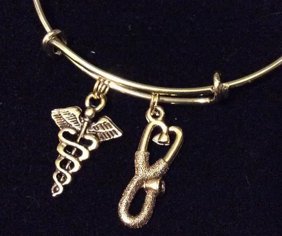 Gold Stethoscope and Caduceus Charm on an Expandable Adjustable Bangle Bracelet Doctor or Nurse Gift