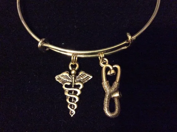 Gold Stethoscope and Caduceus Charm on an Expandable Adjustable Bangle Bracelet Doctor or Nurse Gift