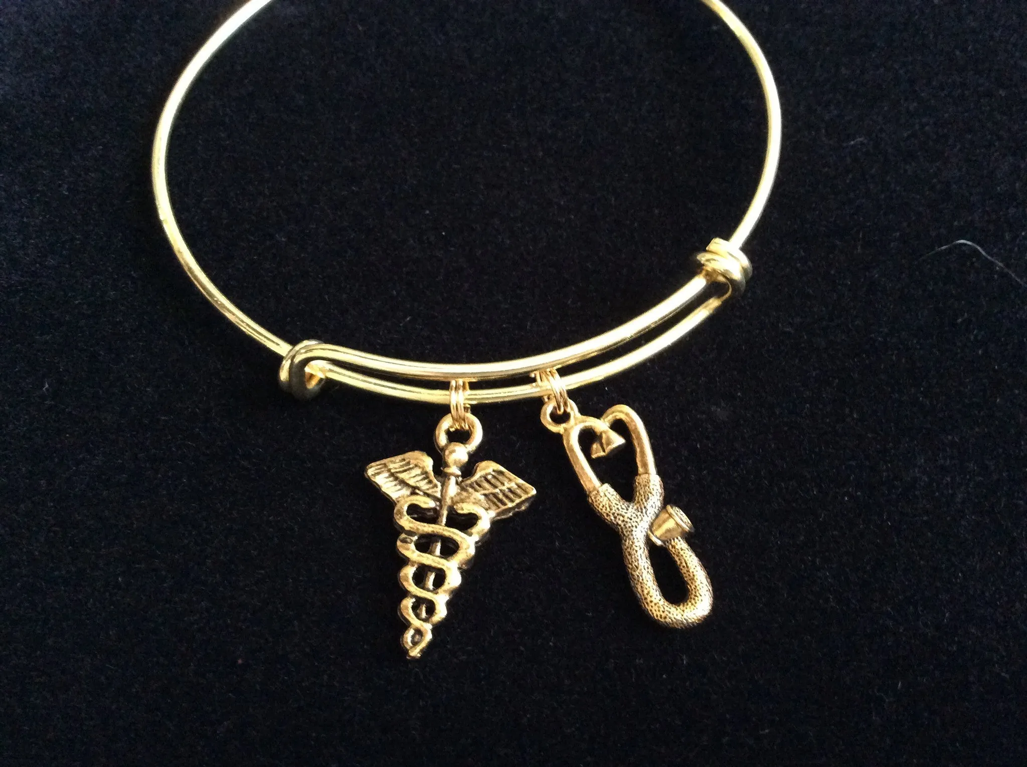 Gold Stethoscope and Caduceus Charm on an Expandable Adjustable Bangle Bracelet Doctor or Nurse Gift