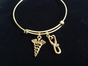 Gold Stethoscope and Caduceus Charm on an Expandable Adjustable Bangle Bracelet Doctor or Nurse Gift