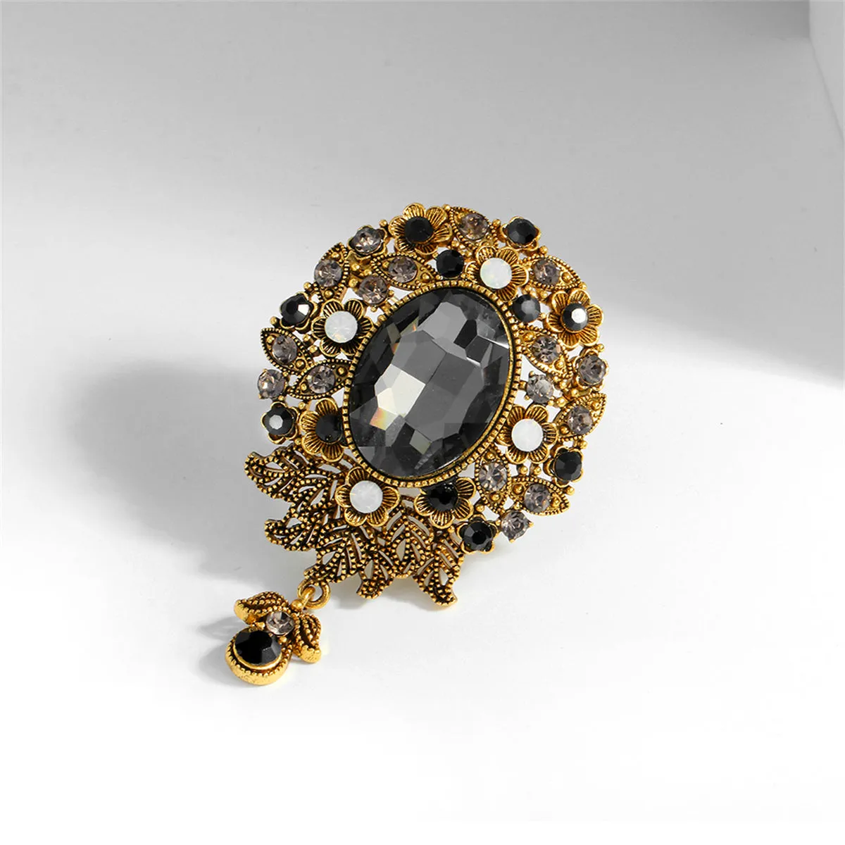 Gray Crystal & Cubic Zirconia 18K Gold-Plated Flower Oval Drop Brooch