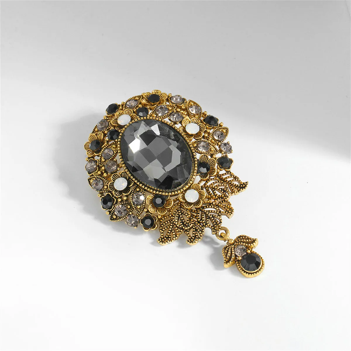 Gray Crystal & Cubic Zirconia 18K Gold-Plated Flower Oval Drop Brooch