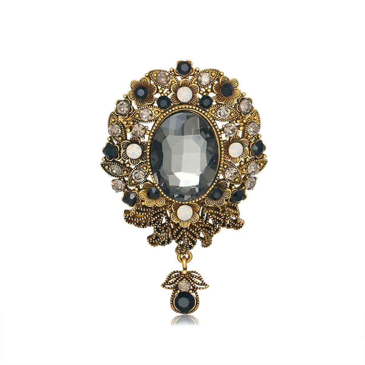 Gray Crystal & Cubic Zirconia 18K Gold-Plated Flower Oval Drop Brooch