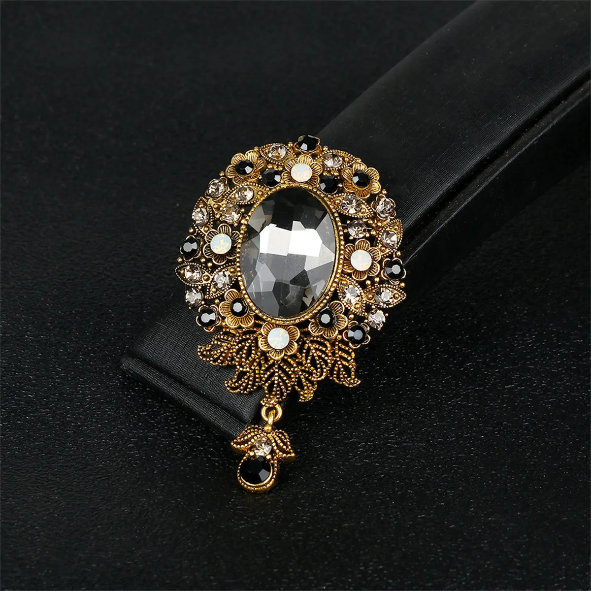 Gray Crystal & Cubic Zirconia 18K Gold-Plated Flower Oval Drop Brooch
