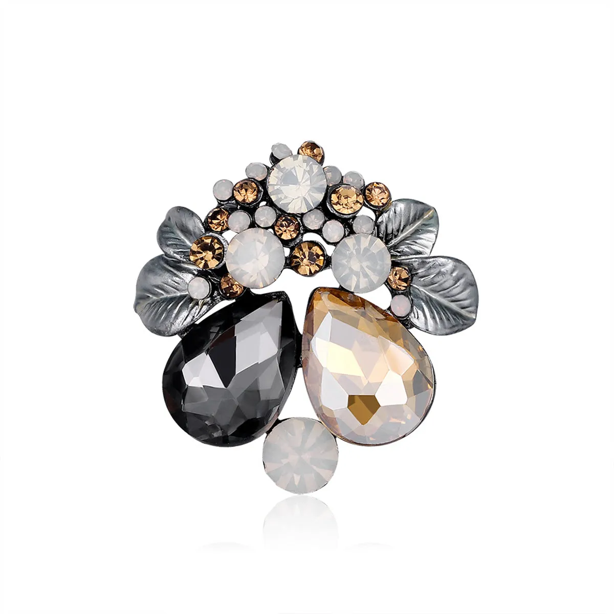 Gray Crystal & Cubic Zirconia Enamel Silver-Plated Botanical Brooch
