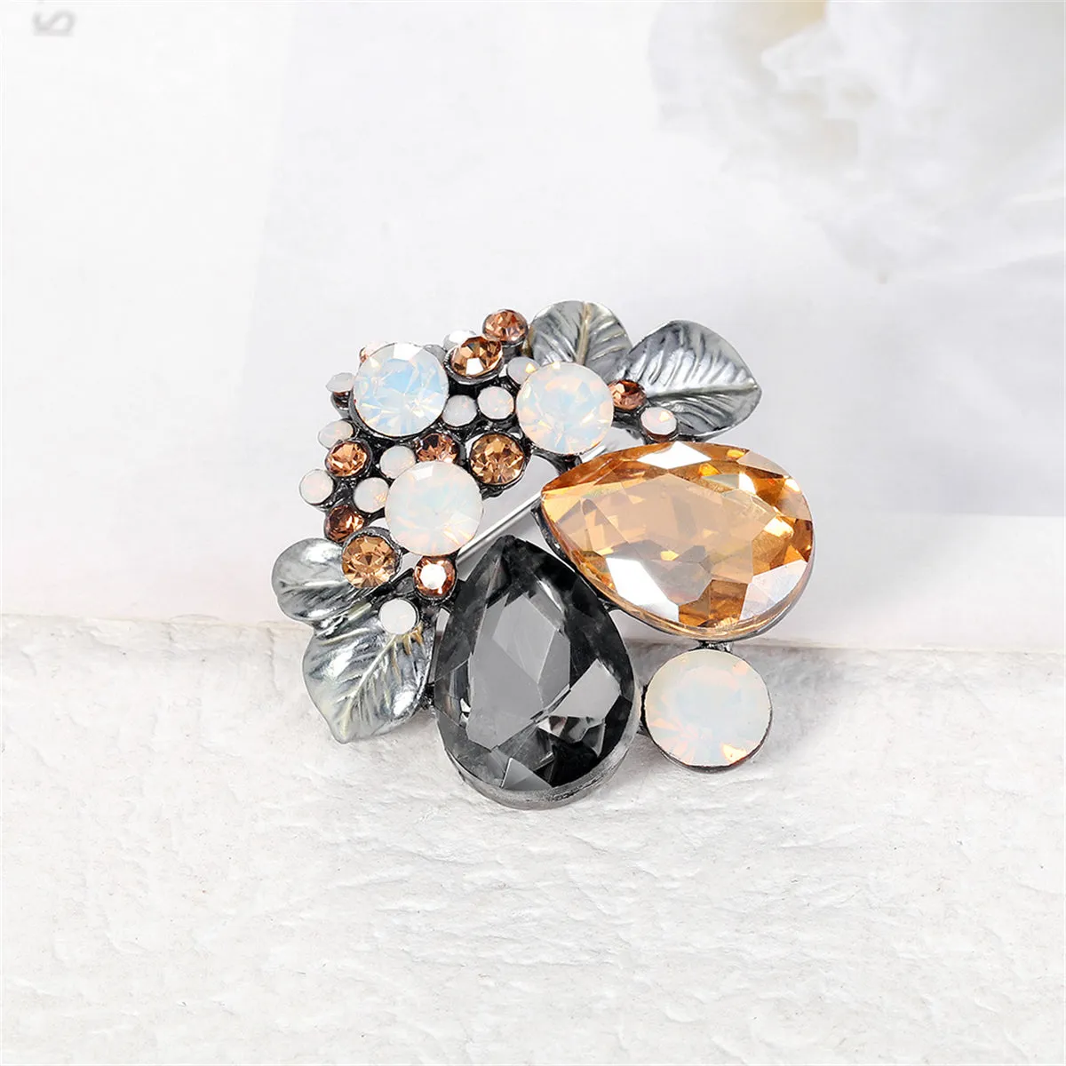 Gray Crystal & Cubic Zirconia Enamel Silver-Plated Botanical Brooch