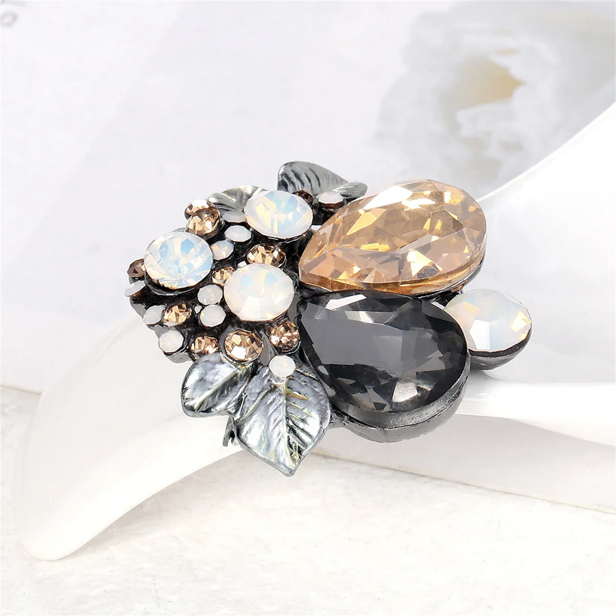 Gray Crystal & Cubic Zirconia Enamel Silver-Plated Botanical Brooch