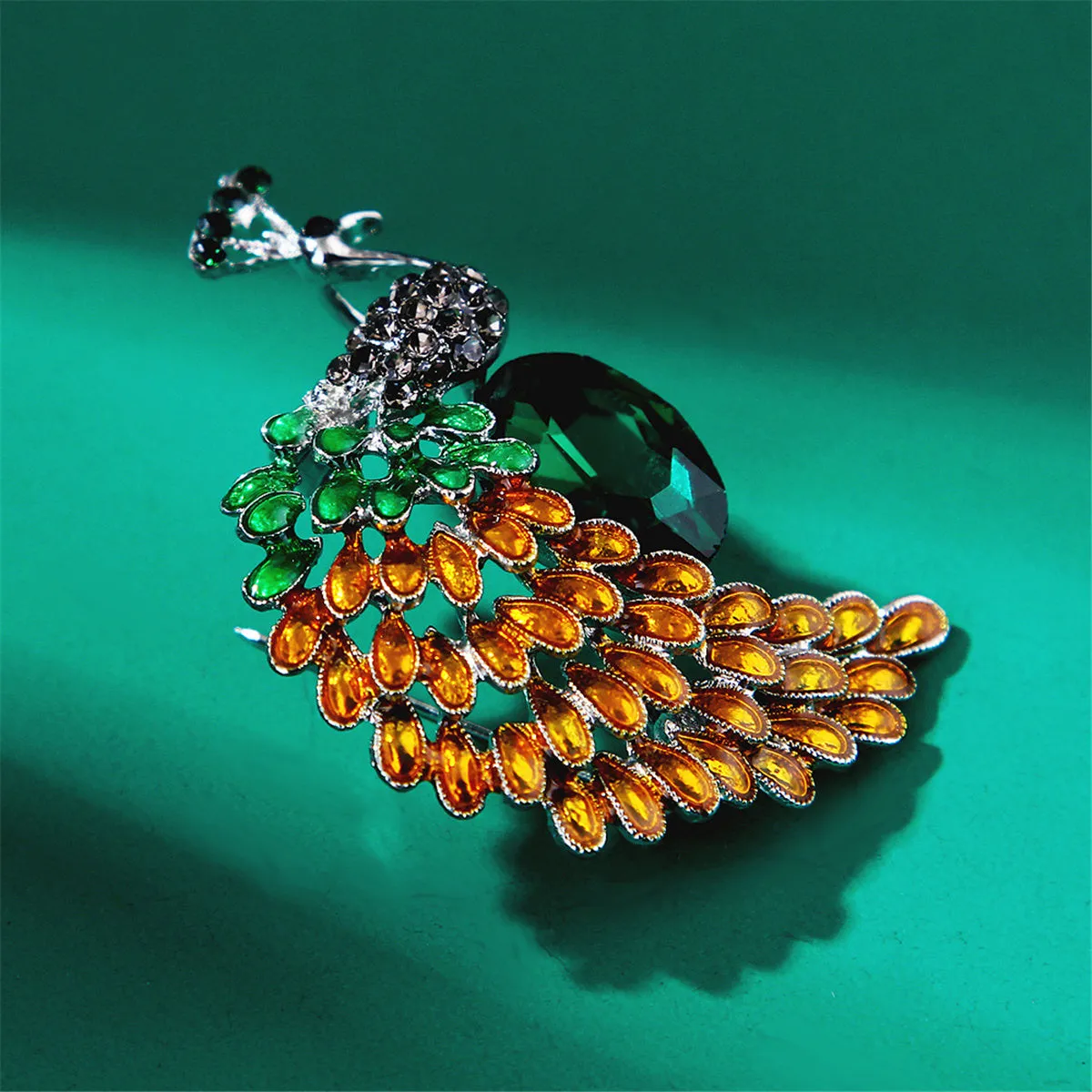 Green & Orange Crystal Peacock Brooch