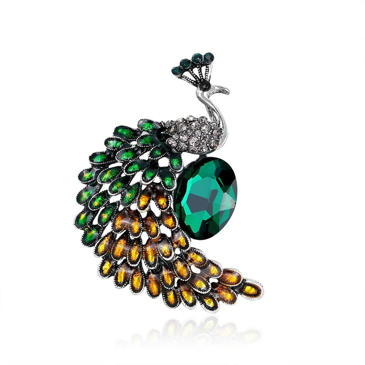 Green & Orange Crystal Peacock Brooch