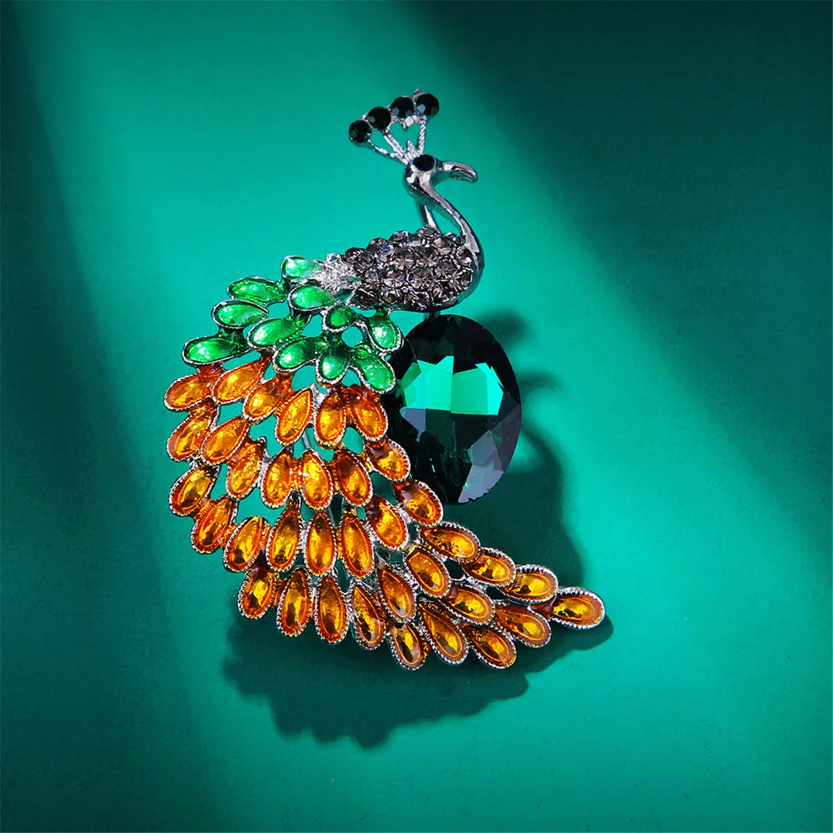 Green & Orange Crystal Peacock Brooch