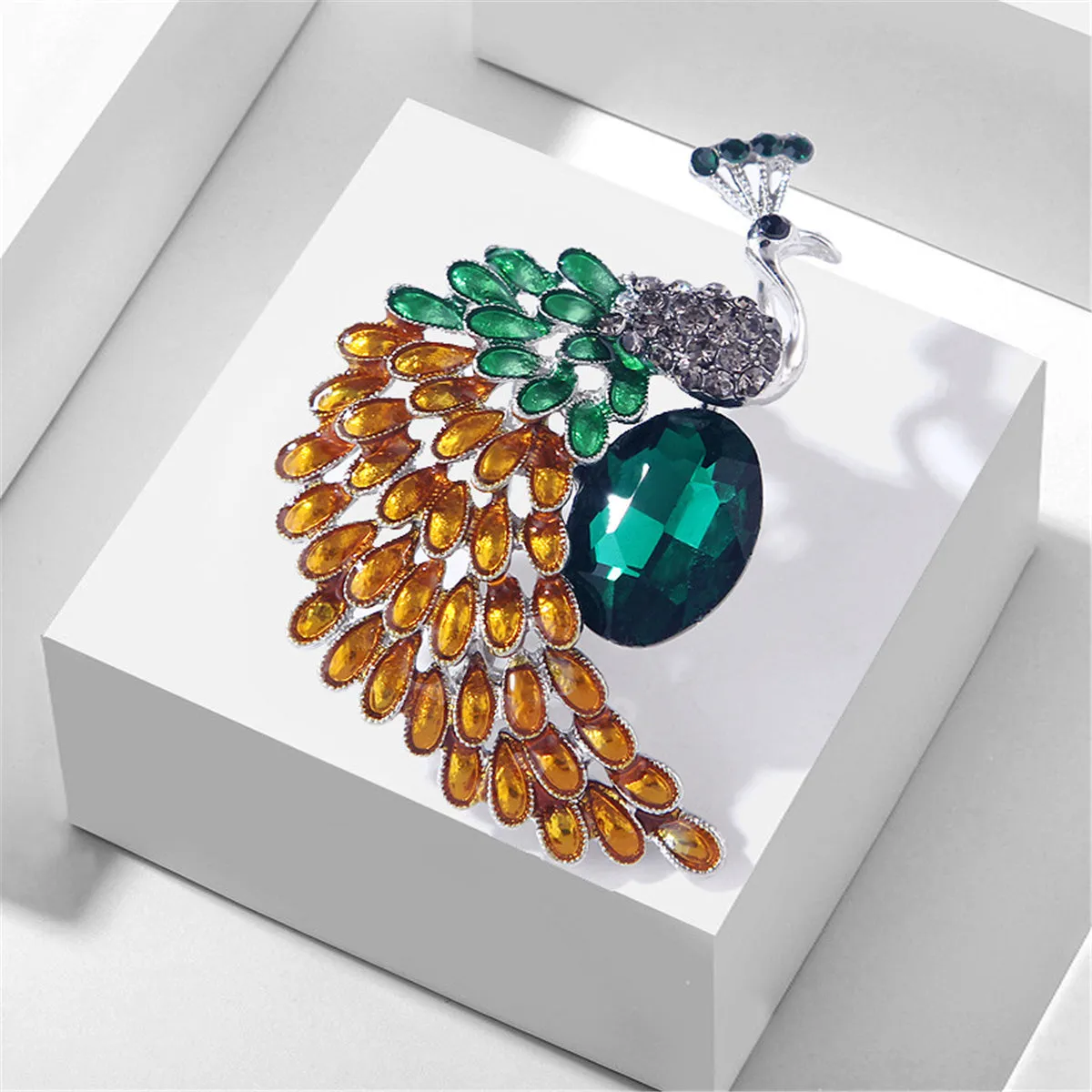 Green & Orange Crystal Peacock Brooch