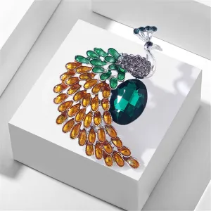 Green & Orange Crystal Peacock Brooch