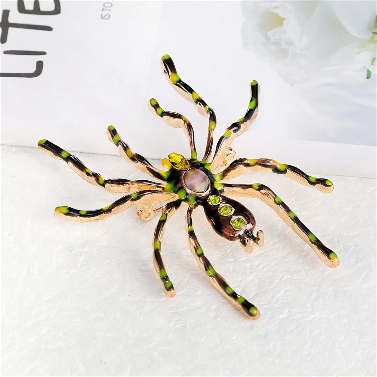 Green Crystal & Brown Enamel Spider Brooch