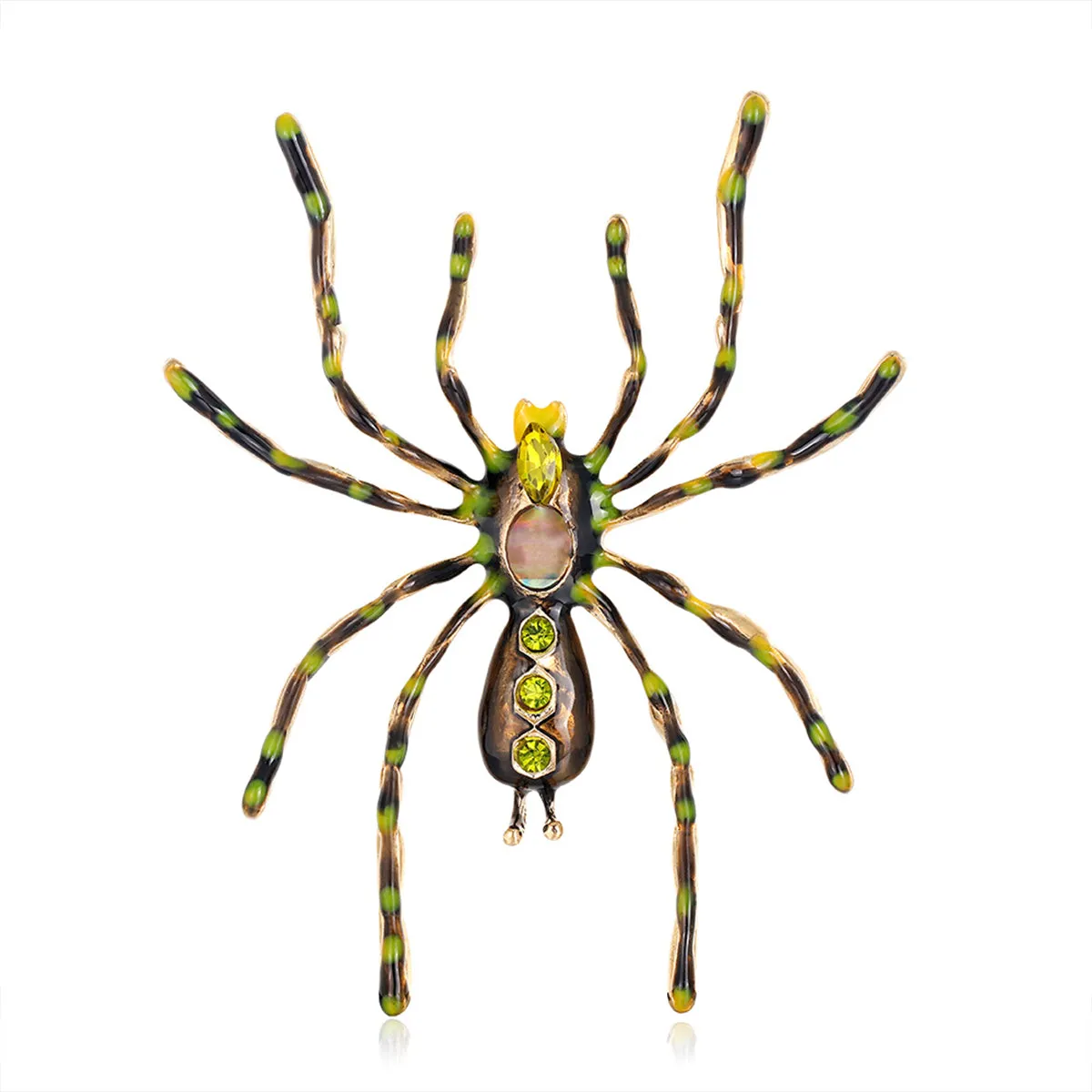 Green Crystal & Brown Enamel Spider Brooch