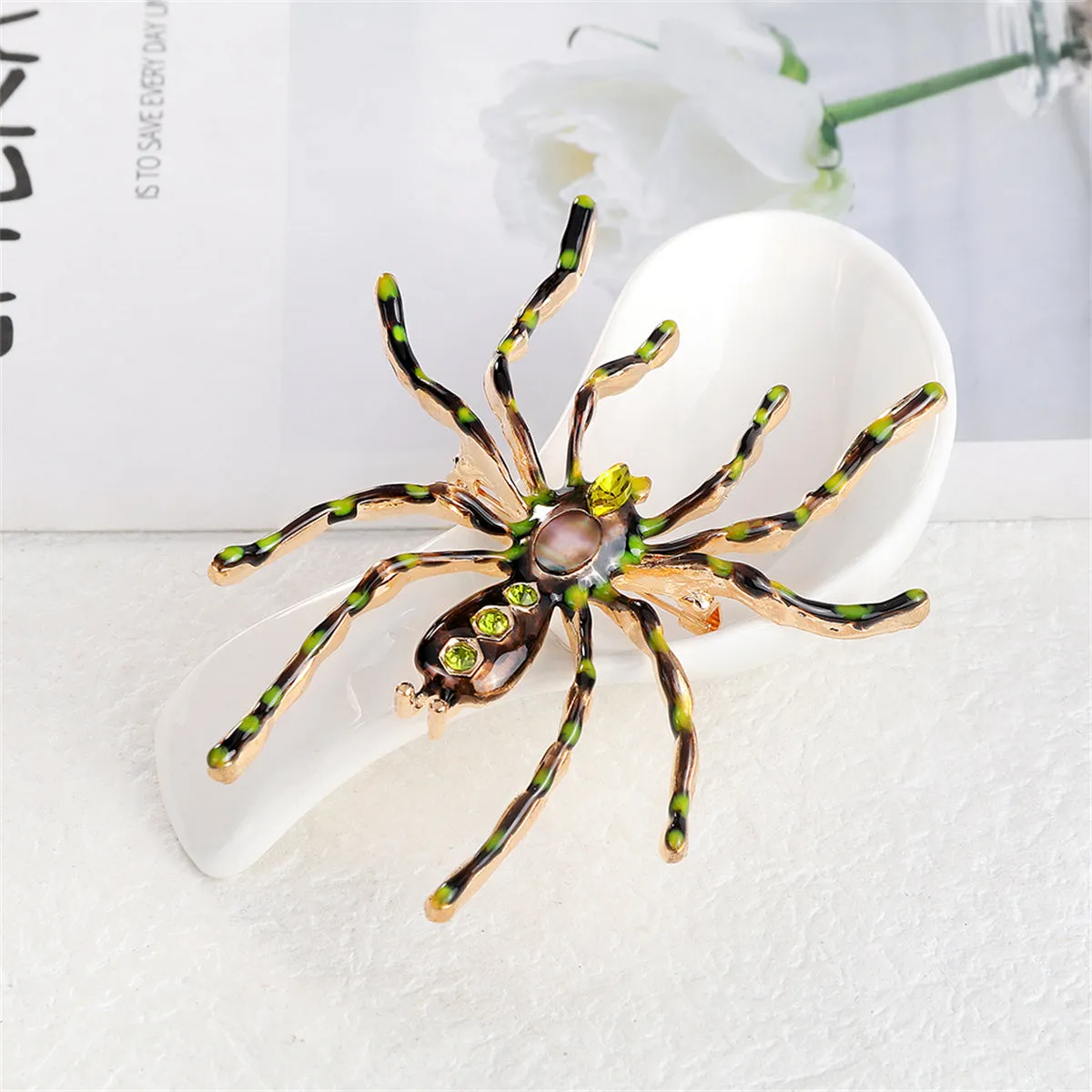Green Crystal & Brown Enamel Spider Brooch