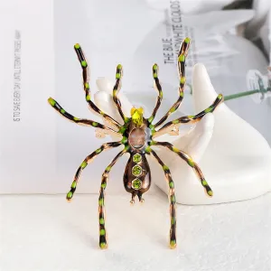 Green Crystal & Brown Enamel Spider Brooch