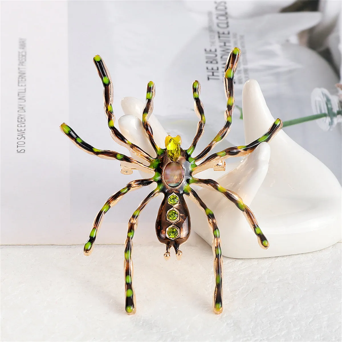 Green Crystal & Brown Enamel Spider Brooch