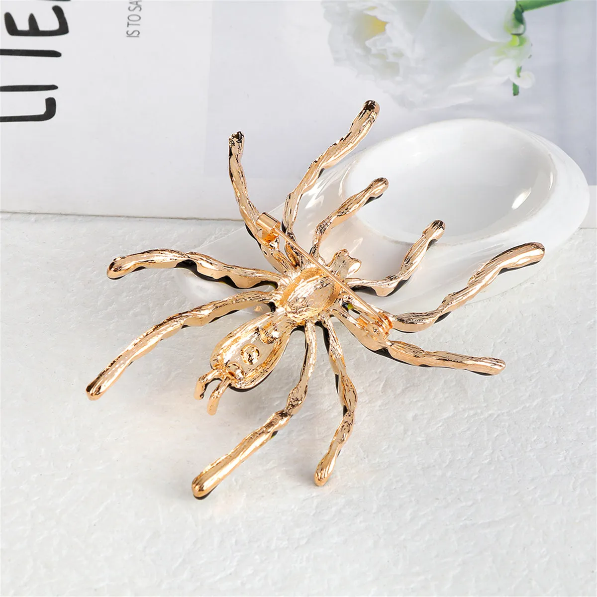 Green Crystal & Brown Enamel Spider Brooch