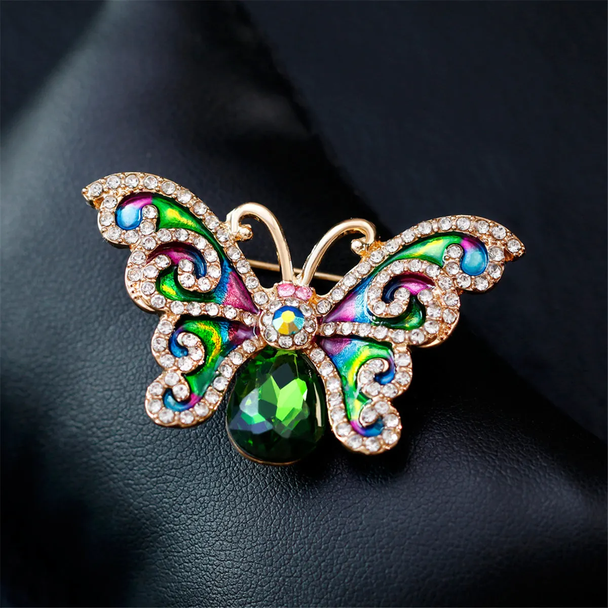 Green Crystal & Cubic Zirconia Butterfly Brooch