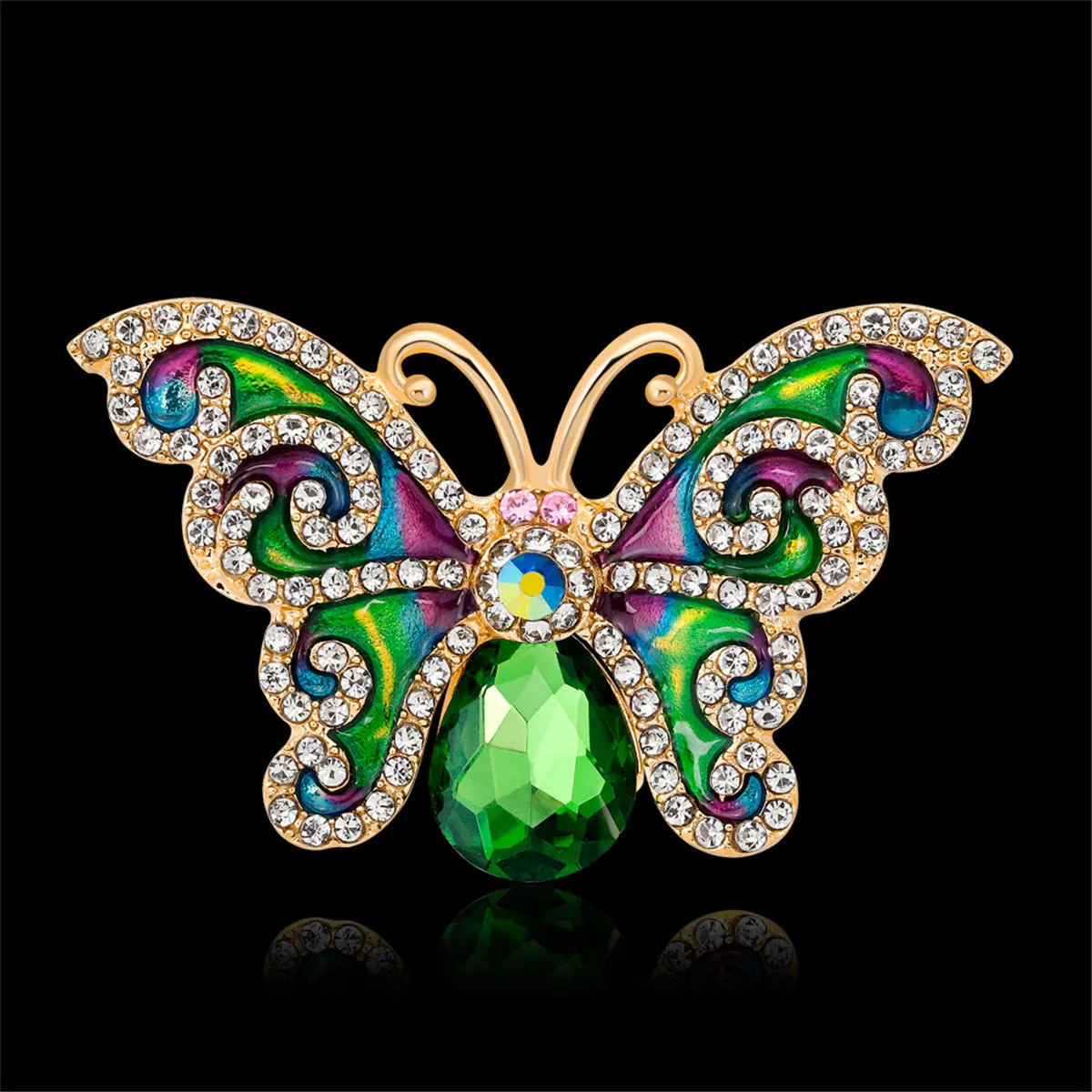 Green Crystal & Cubic Zirconia Butterfly Brooch