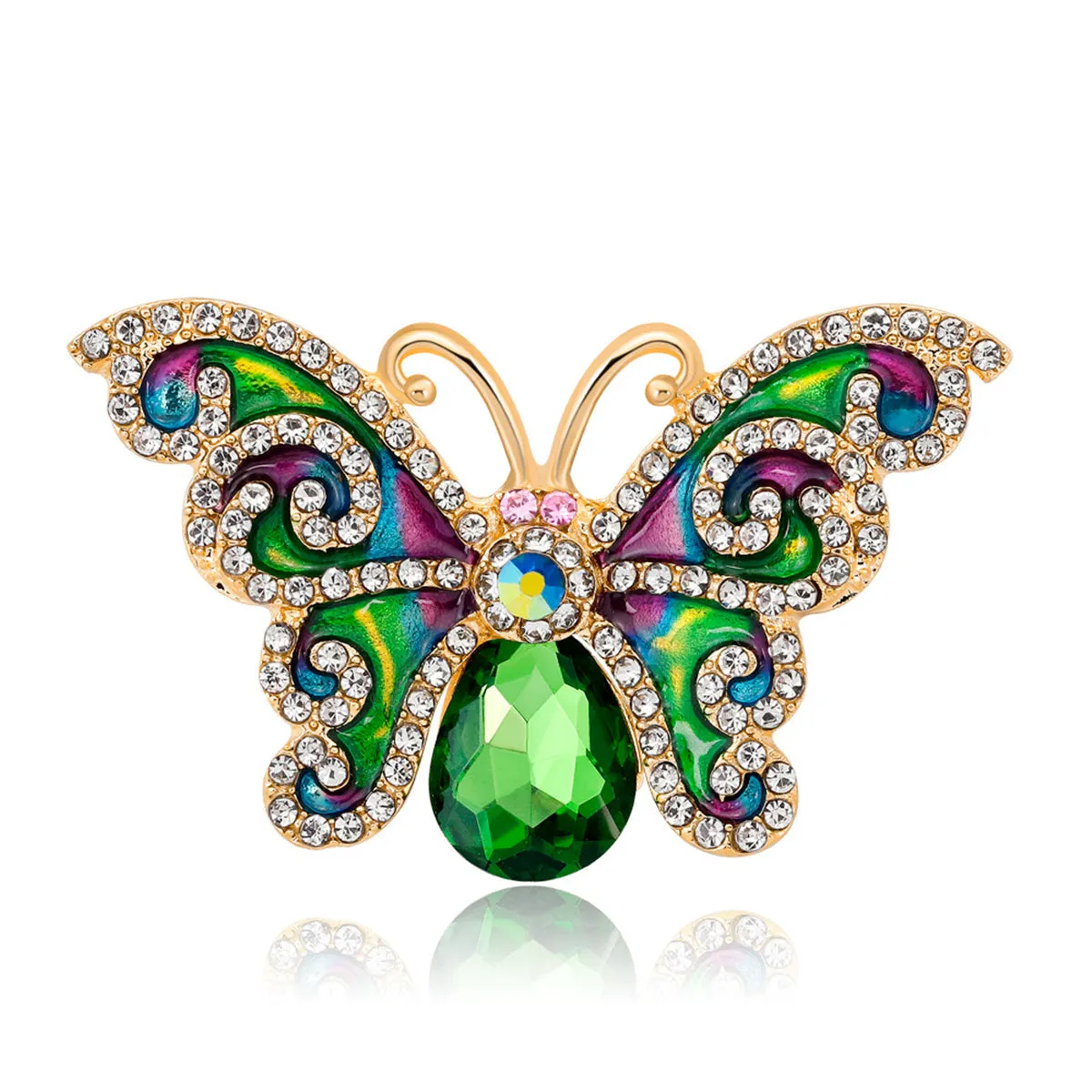 Green Crystal & Cubic Zirconia Butterfly Brooch