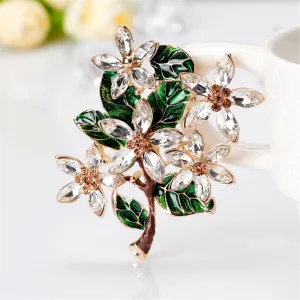Green Crystal & Cubic Zirconia Leaves Brooch
