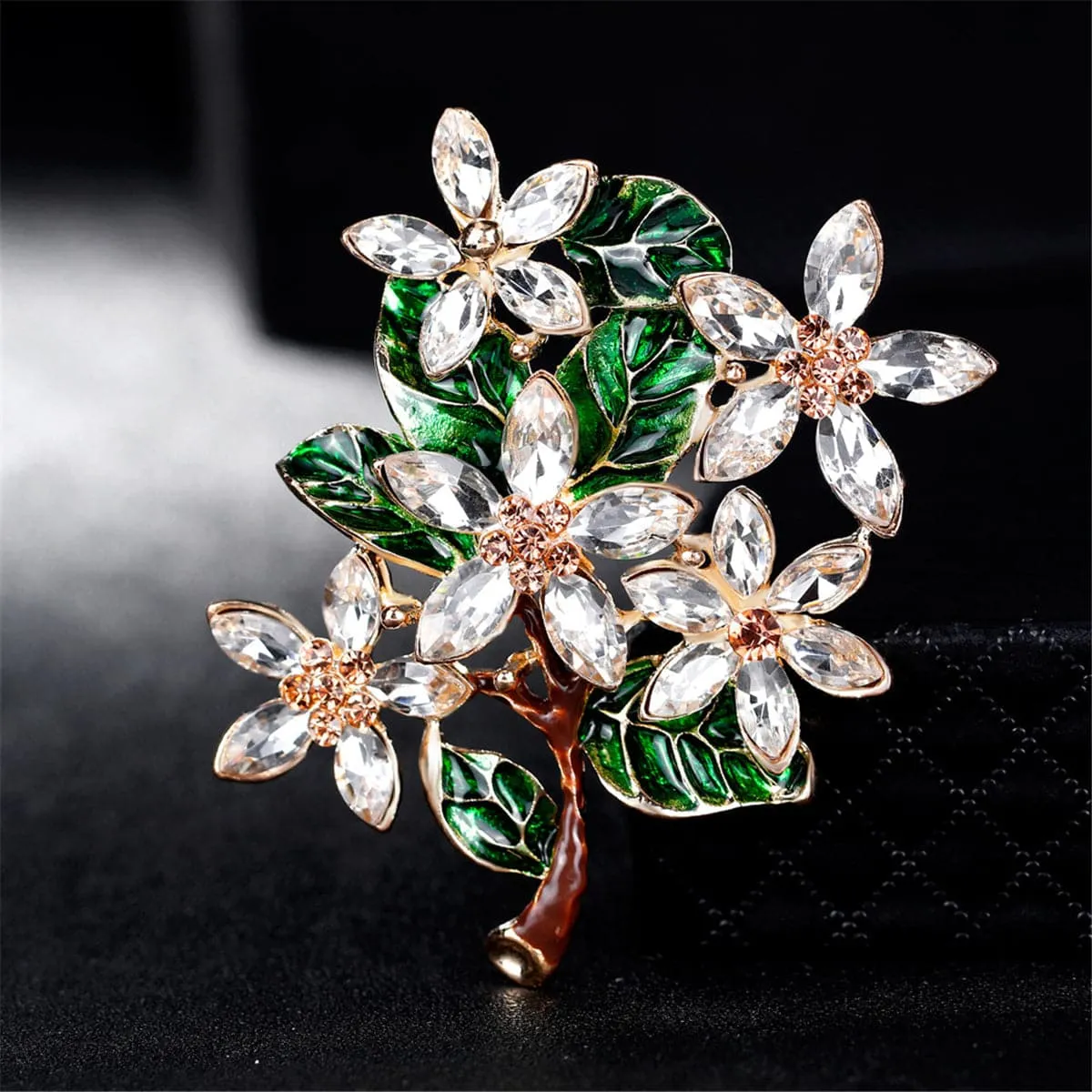 Green Crystal & Cubic Zirconia Leaves Brooch
