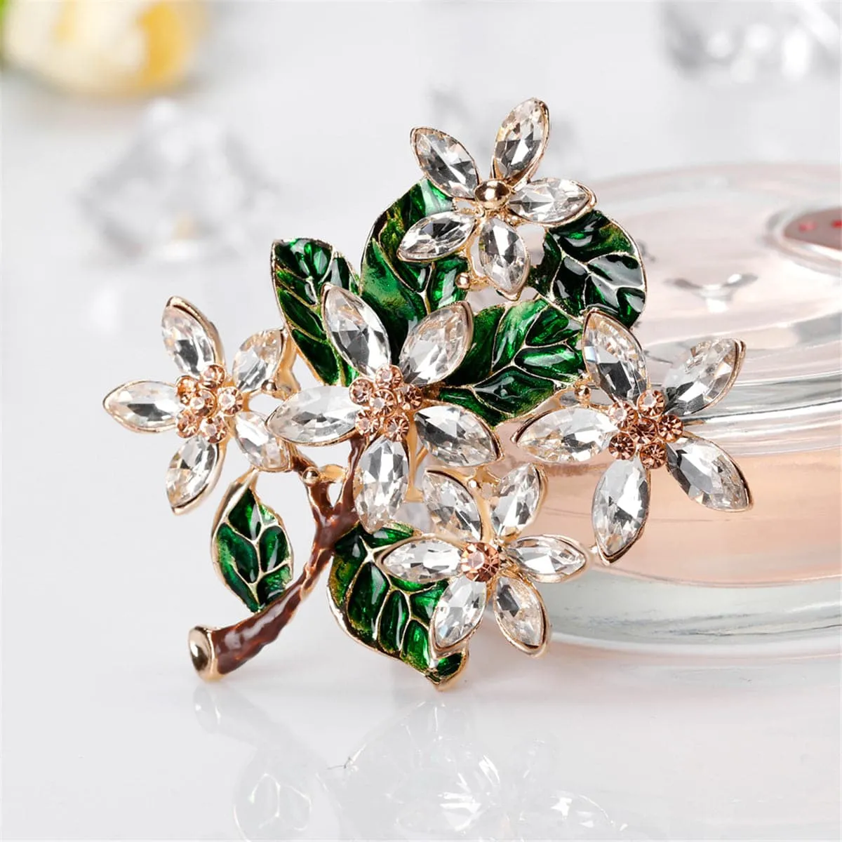 Green Crystal & Cubic Zirconia Leaves Brooch