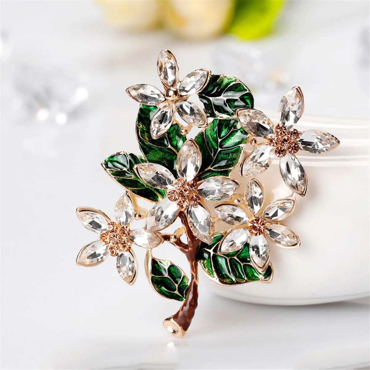 Green Crystal & Cubic Zirconia Leaves Brooch