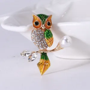 Green Crystal & Cubic Zirconia Owl Brooch