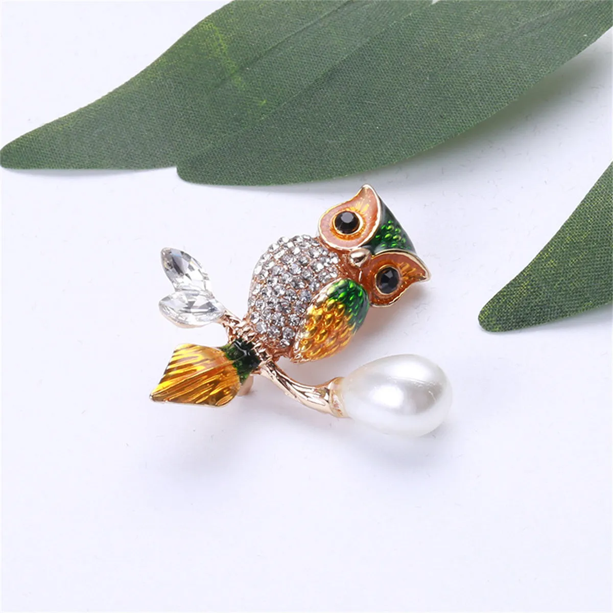 Green Crystal & Cubic Zirconia Owl Brooch