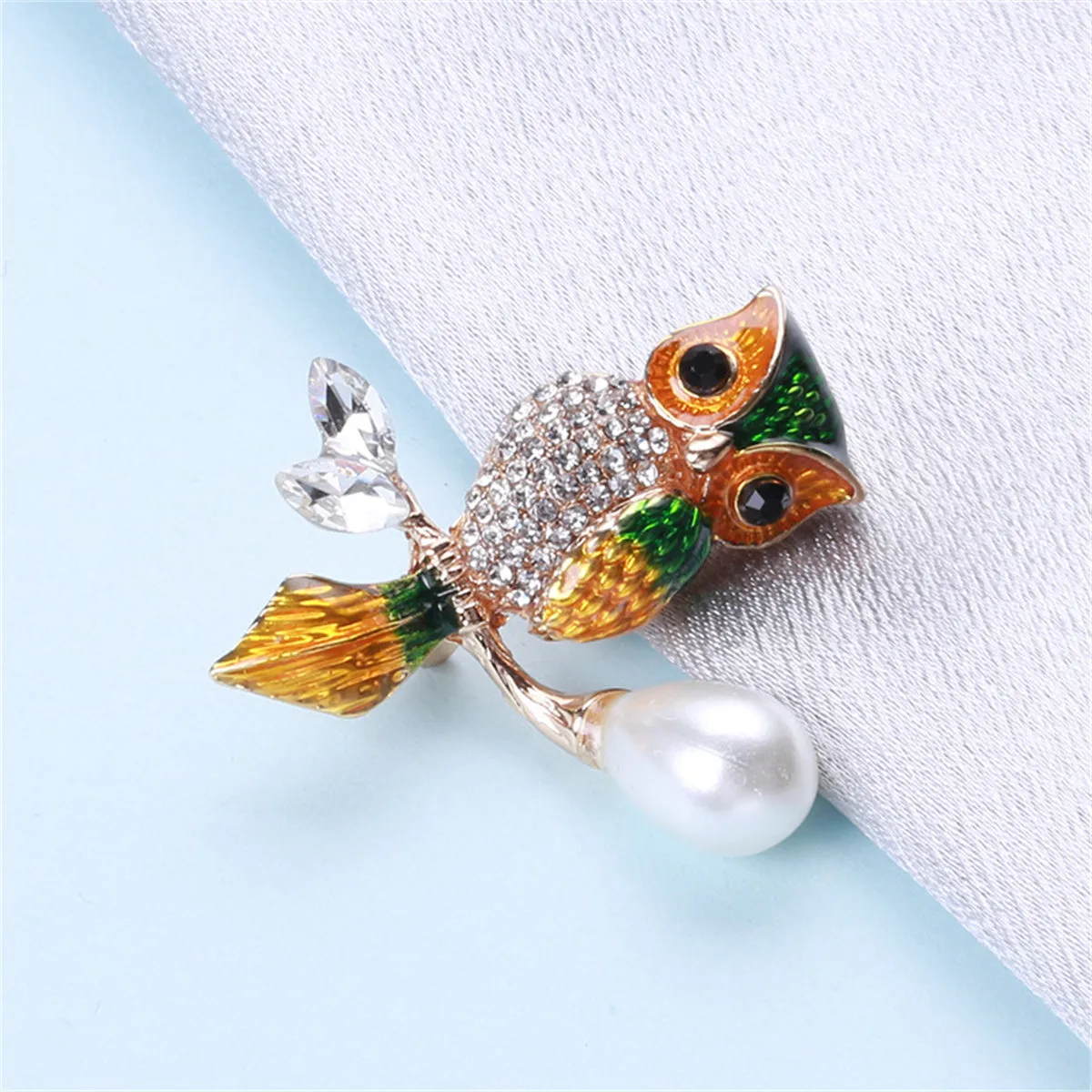 Green Crystal & Cubic Zirconia Owl Brooch