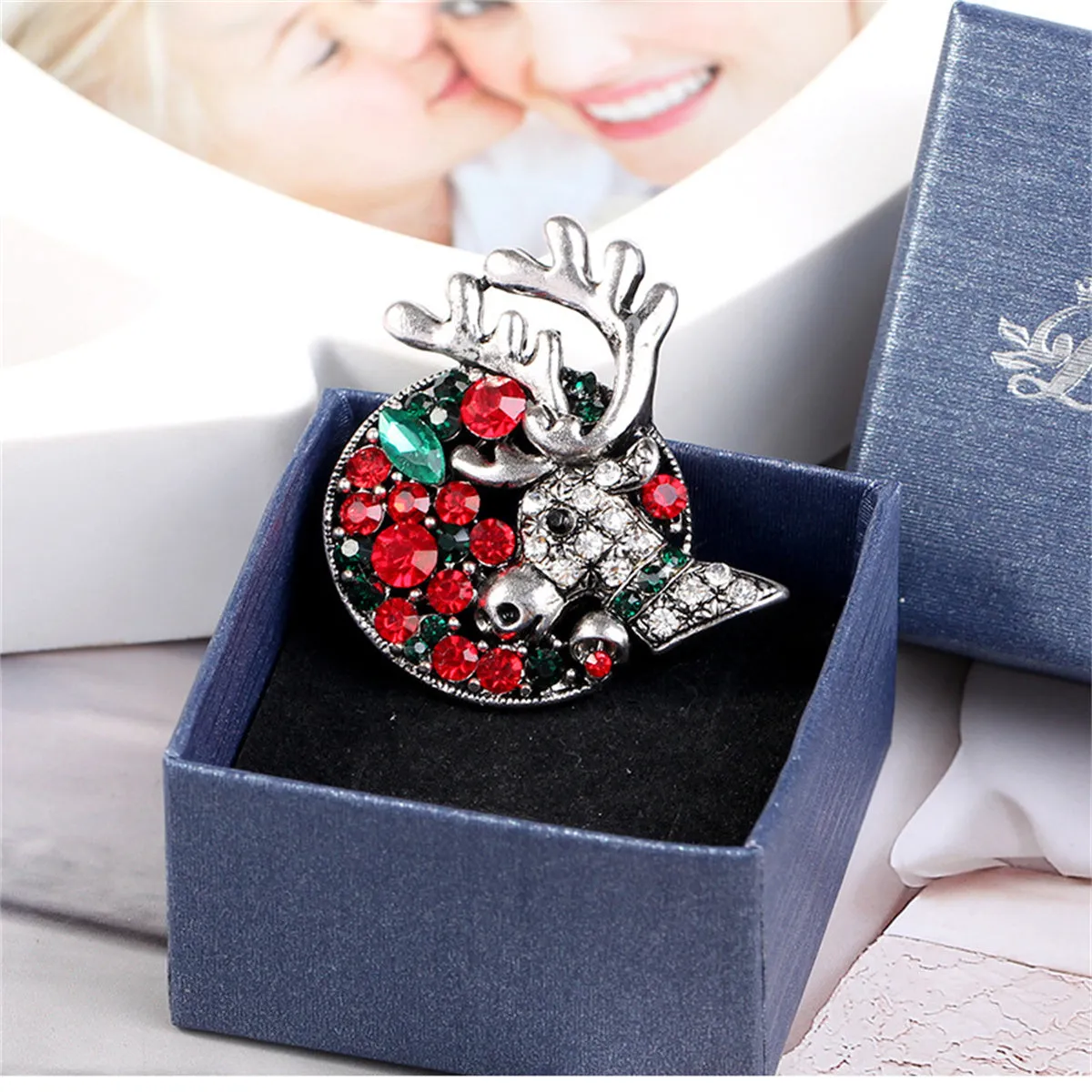 Green Crystal & Cubic Zirconia Silver-Plated Reindeer Brooch