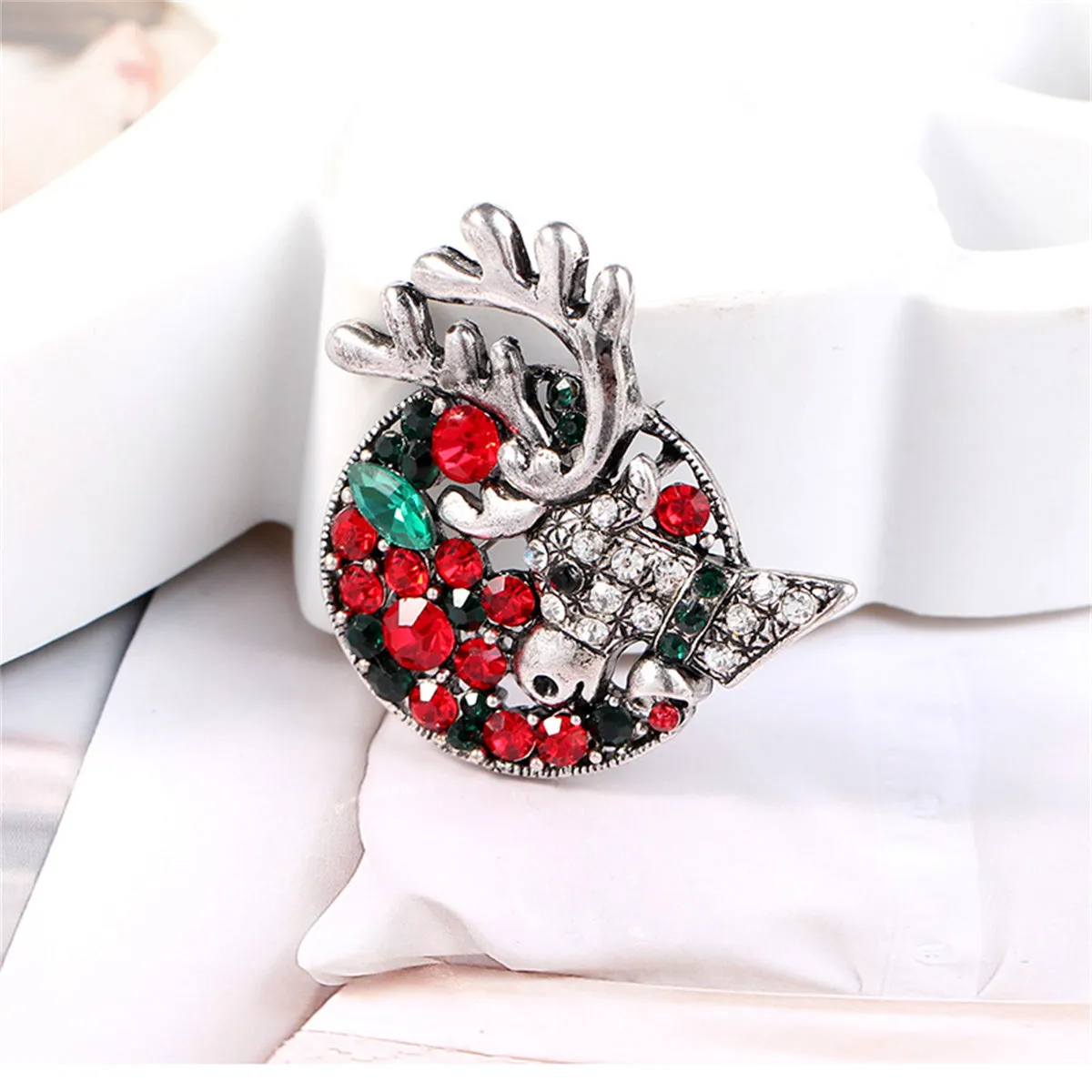 Green Crystal & Cubic Zirconia Silver-Plated Reindeer Brooch