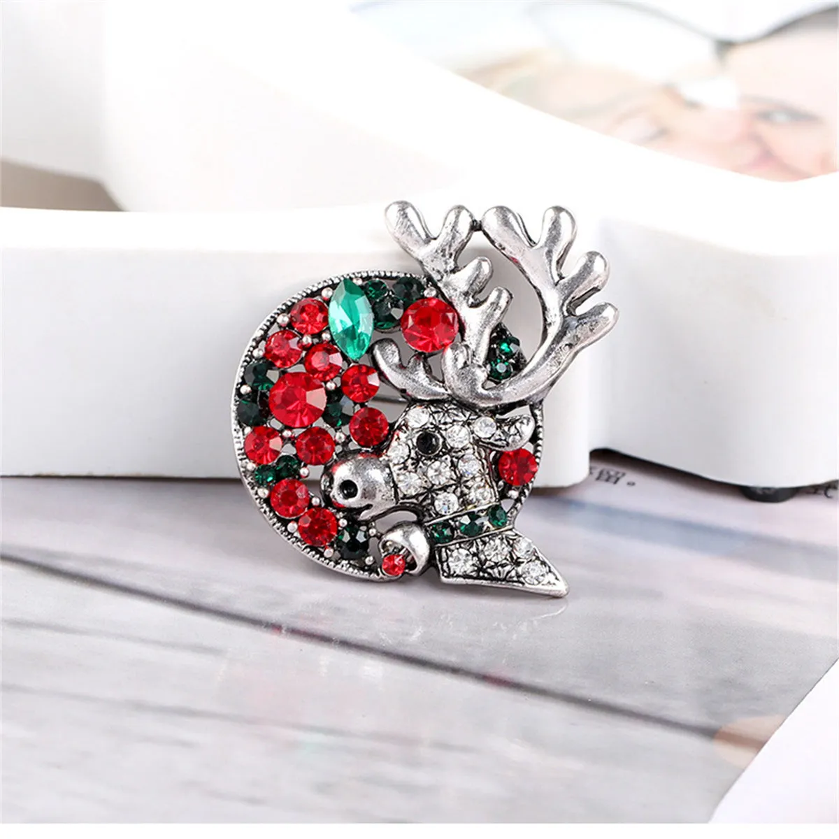 Green Crystal & Cubic Zirconia Silver-Plated Reindeer Brooch