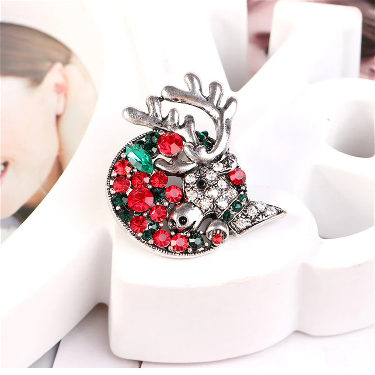 Green Crystal & Cubic Zirconia Silver-Plated Reindeer Brooch