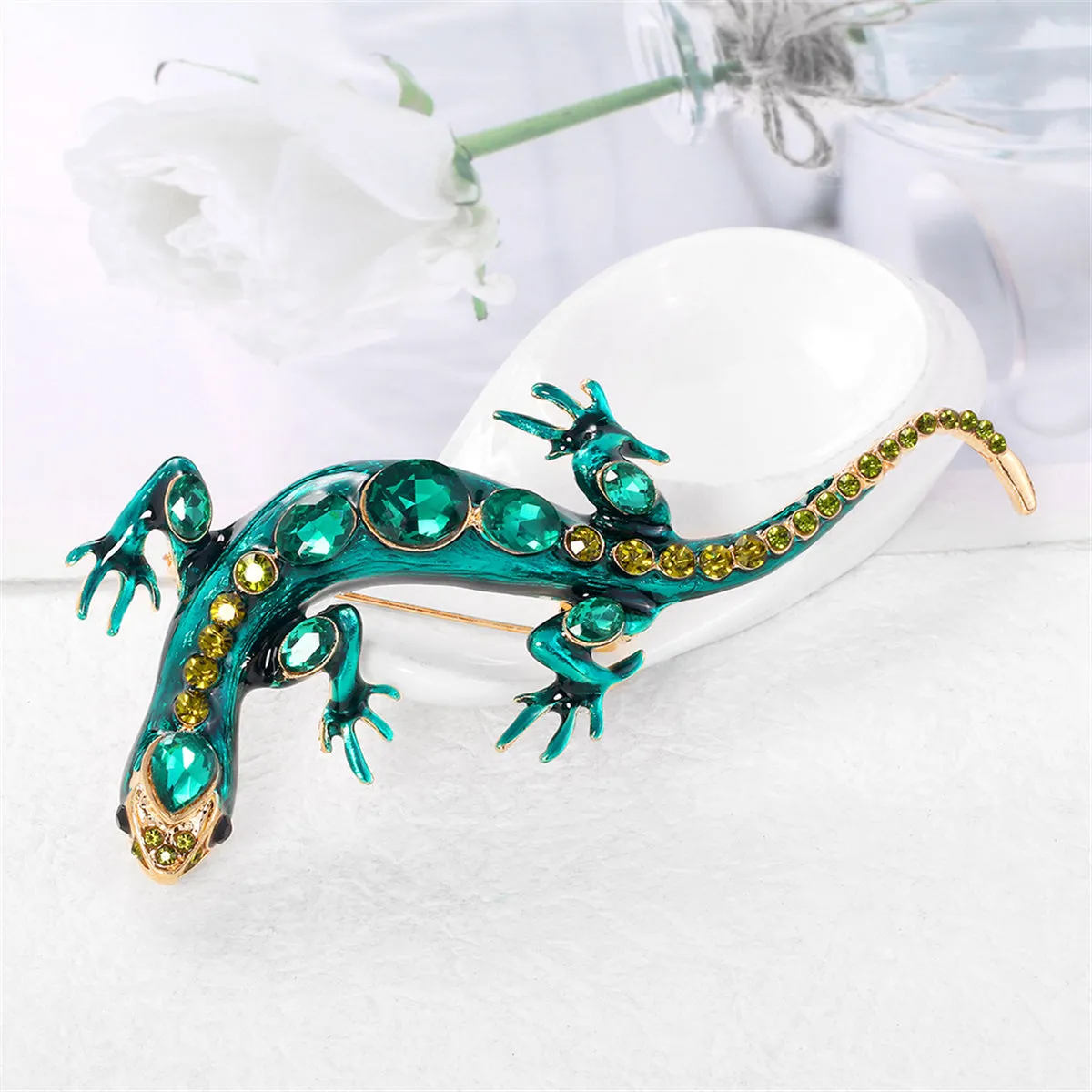 Green Crystal & Enamel 18K Gold-Plated Lizard Brooch