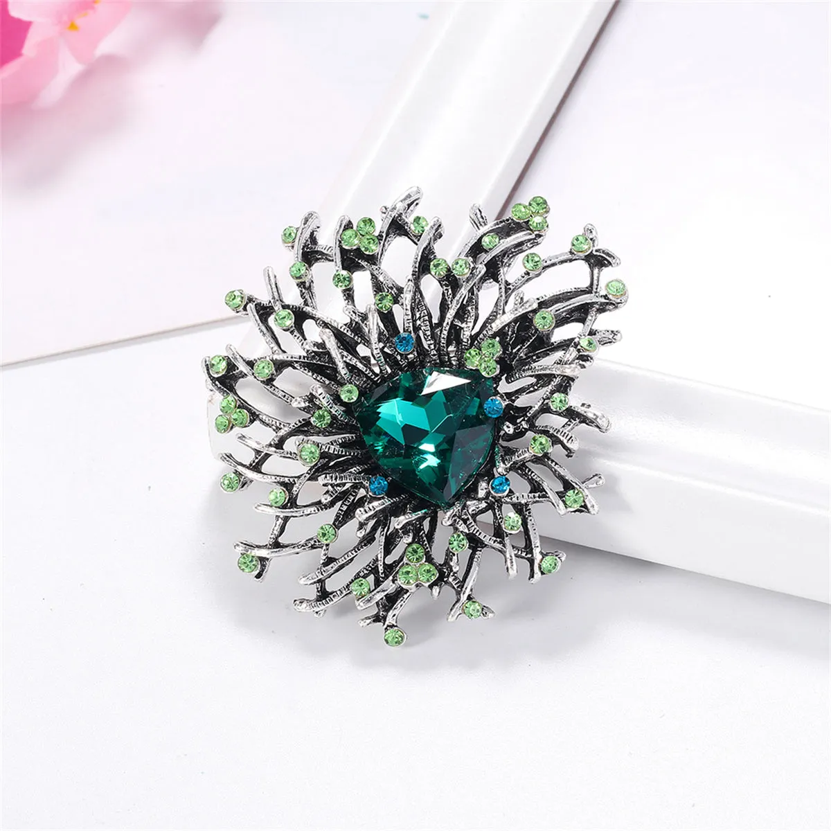 Green Crystal & Silver-Plated Flower Brooch