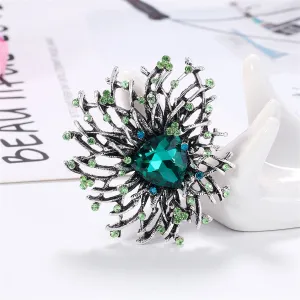 Green Crystal & Silver-Plated Flower Brooch
