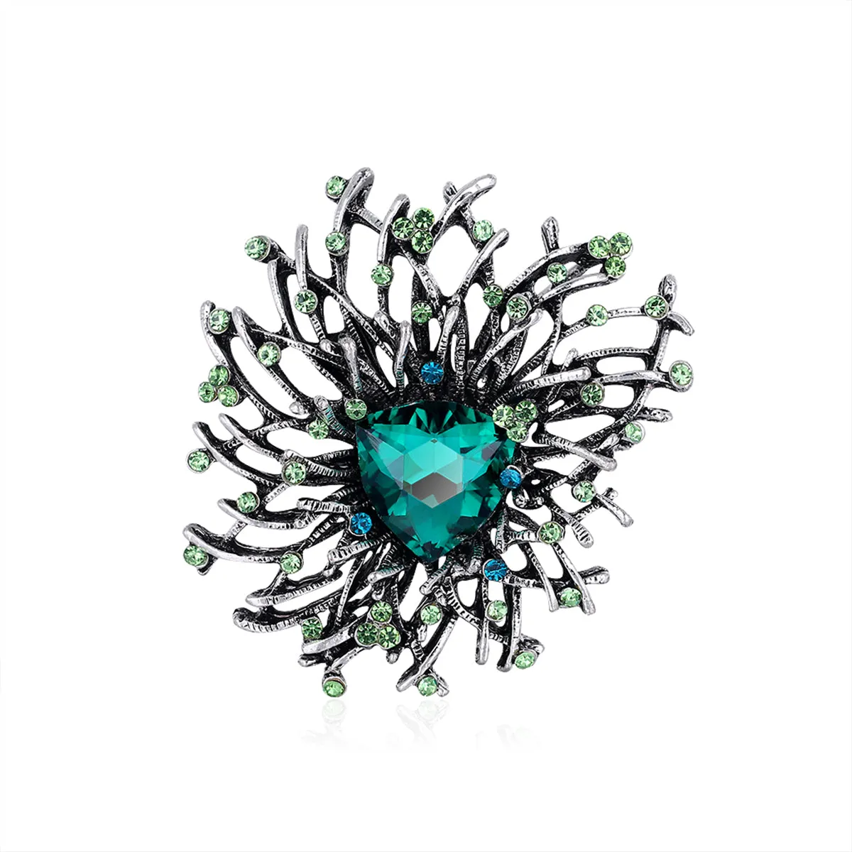 Green Crystal & Silver-Plated Flower Brooch