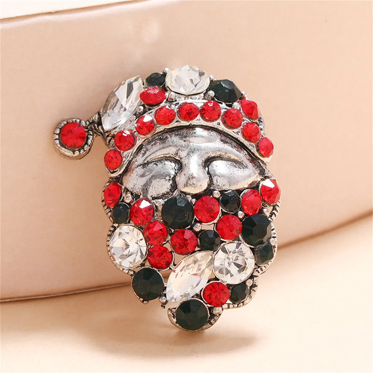 Green Cubic Zirconia & Silver-Plated Santa Brooch