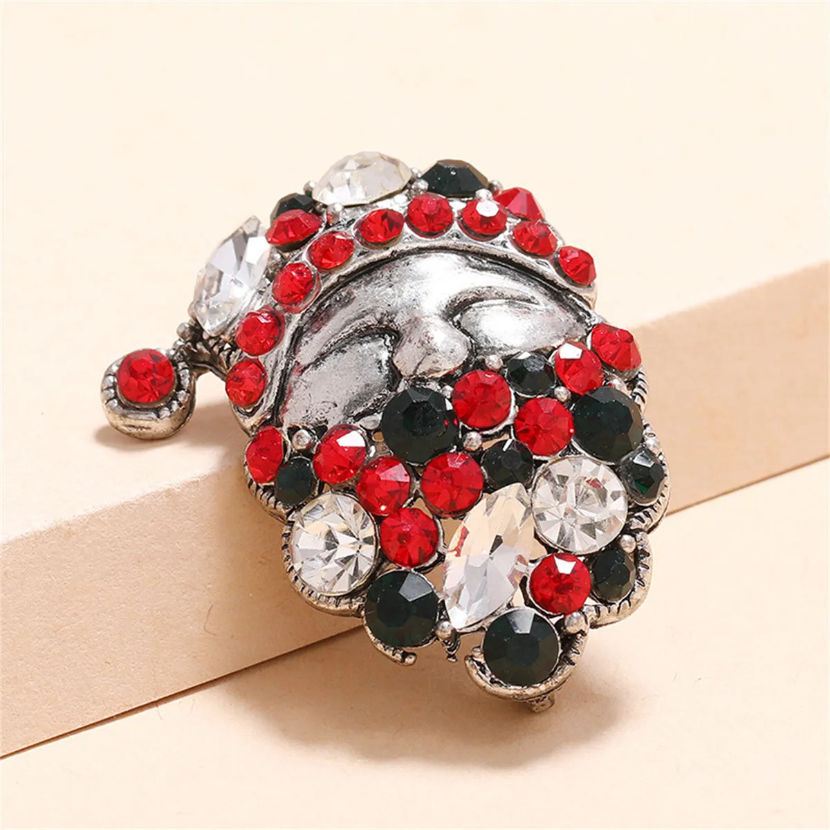 Green Cubic Zirconia & Silver-Plated Santa Brooch