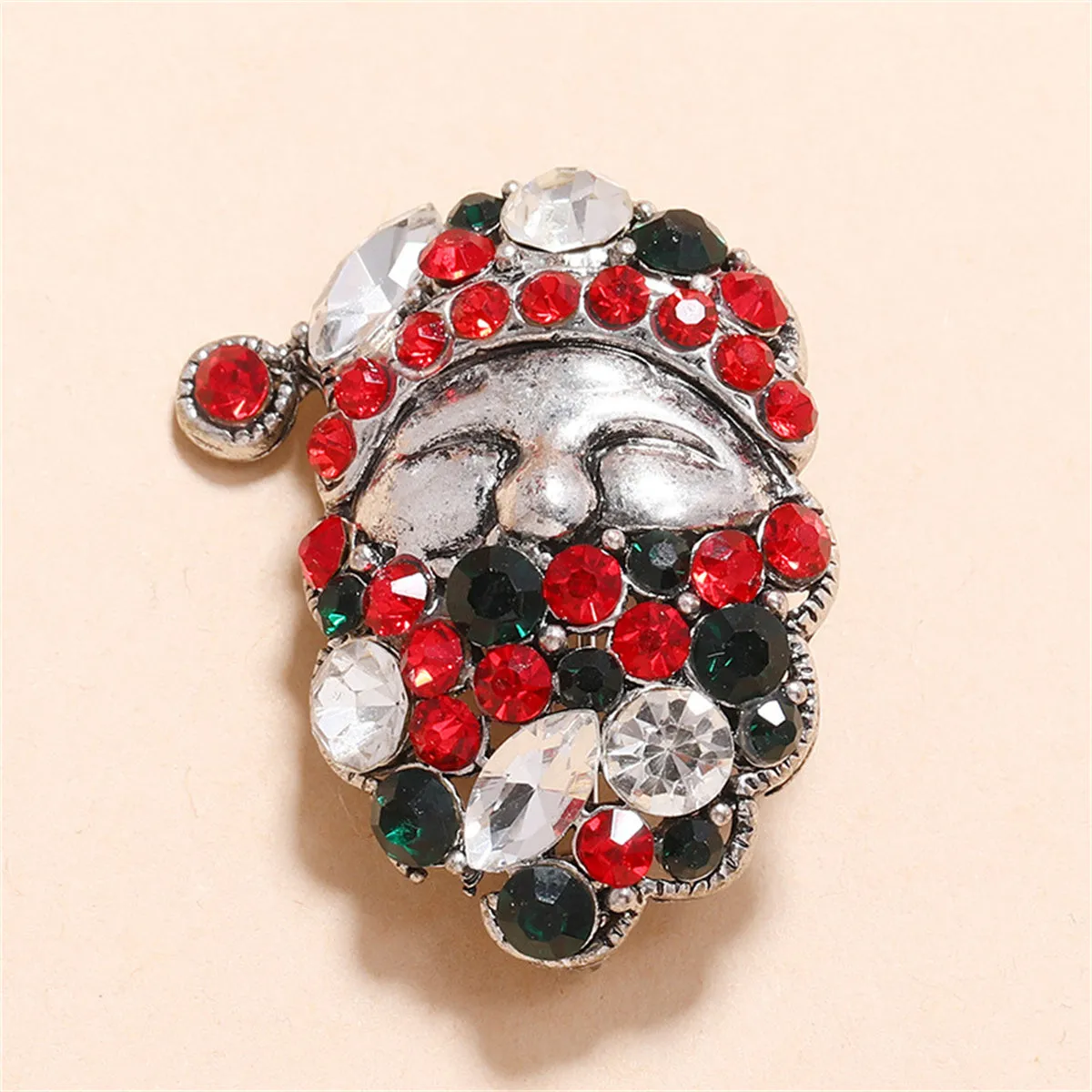 Green Cubic Zirconia & Silver-Plated Santa Brooch