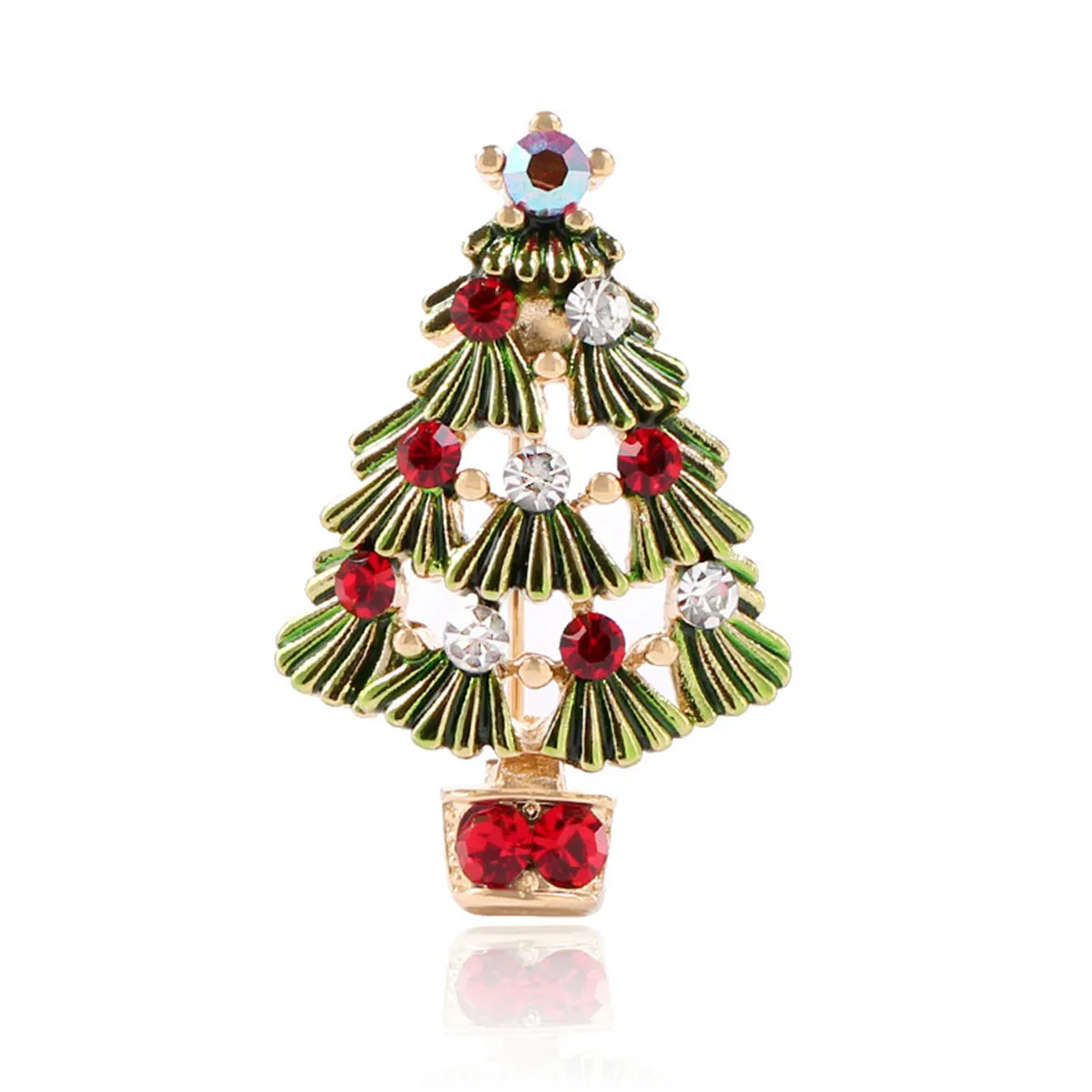 Green Enamel & Cubic Zirconia 18K Gold-Plated Christmas Tree Brooch